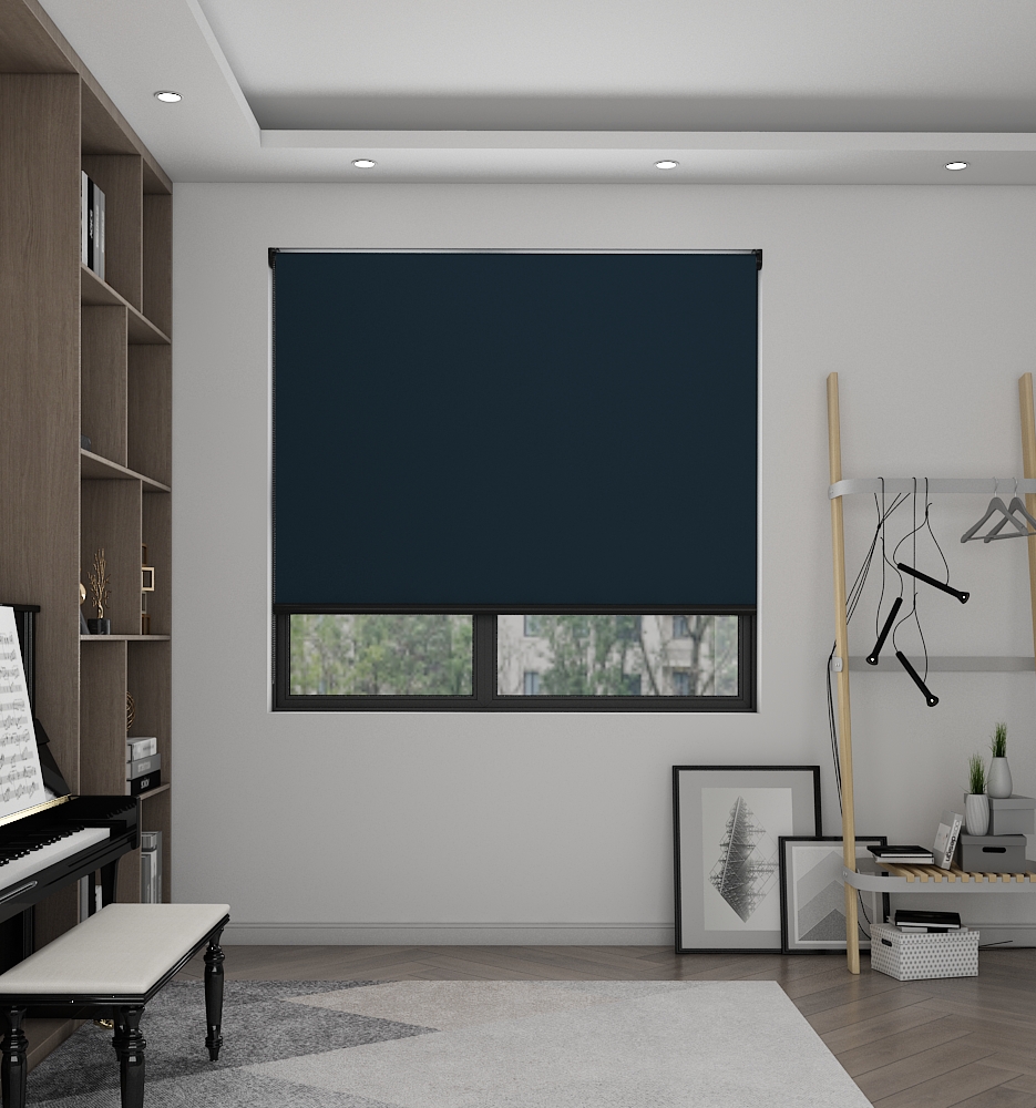portrait minimalist white roller blinds in a contemporary living room